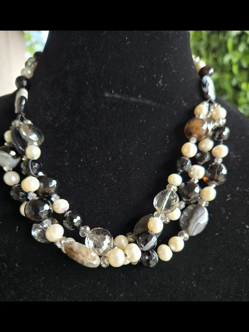 Agate Pearl Crystal Multi-Strand Black White Banded Natural Stone Bead Necklace